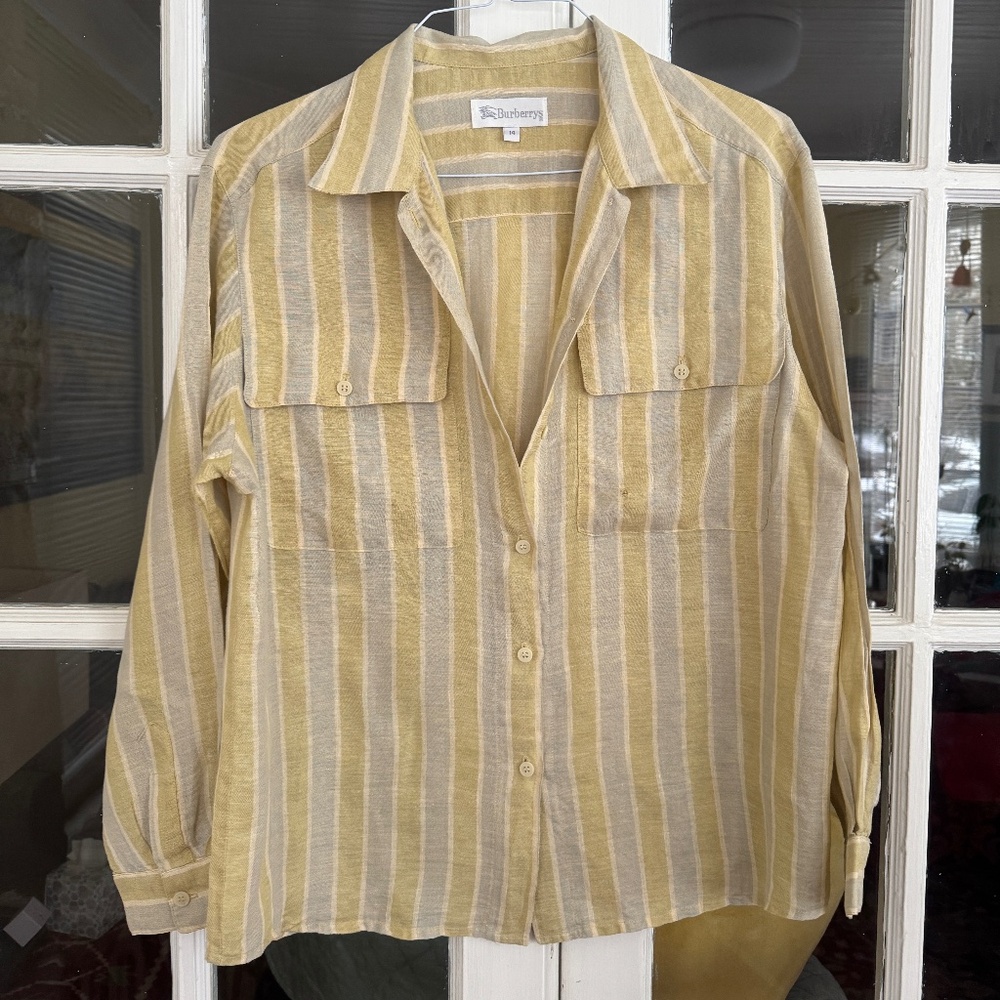 Burberrys Vintage Linen Button down Shirt / Blouse Striped Ling Sleeves Sz. 14